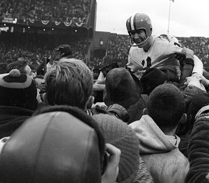 Football: NFL Championship: Cleveland Browns QB Frank Ryan (13) victorious, getting carried off field by fans after winning game vs Baltimore Colts at Cleveland Municipal Stadium. Cleveland, OH 12/27/1964 CREDIT: James Drake (Photo by James Drake /Sports Illustrated/Getty Images) (Set Number: X10474 TK1 C7 F21 )